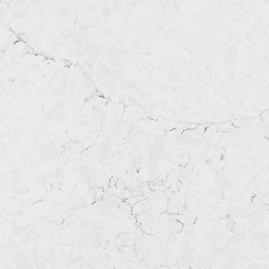 Detaliu cu venaturile elegante ale unui blat Calacatta Edera Quartz Coante