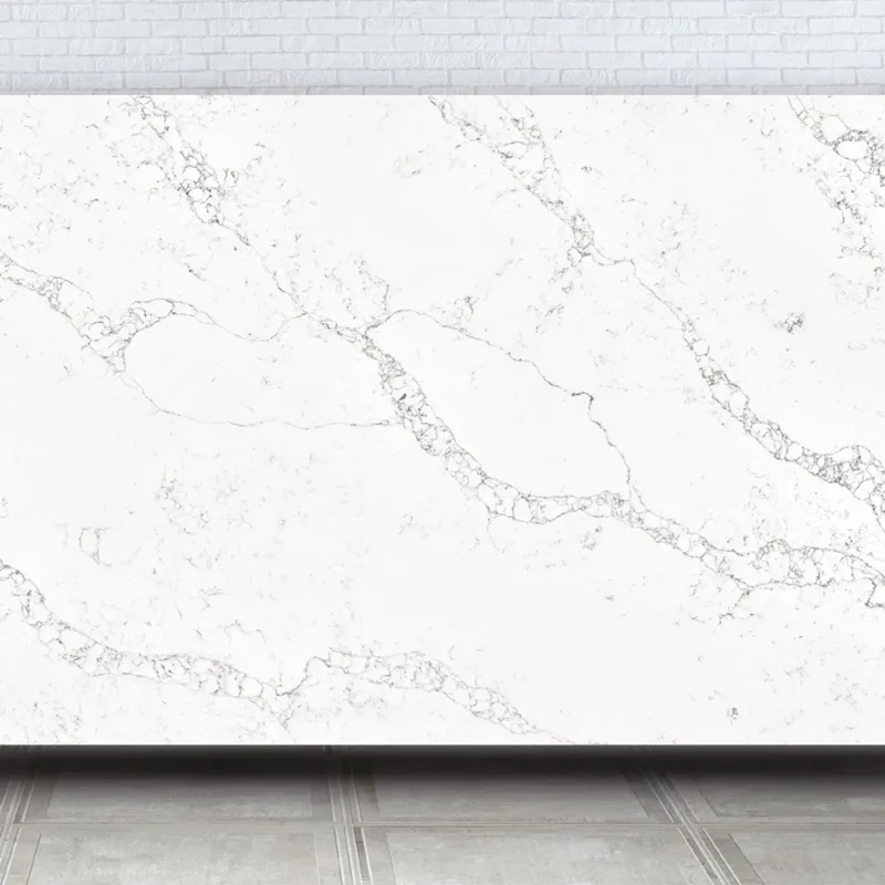 Blat bucătărie quartz Statuario Lille Quartz Avant alb cu vene gri rezistent la pete și zgârieturi.