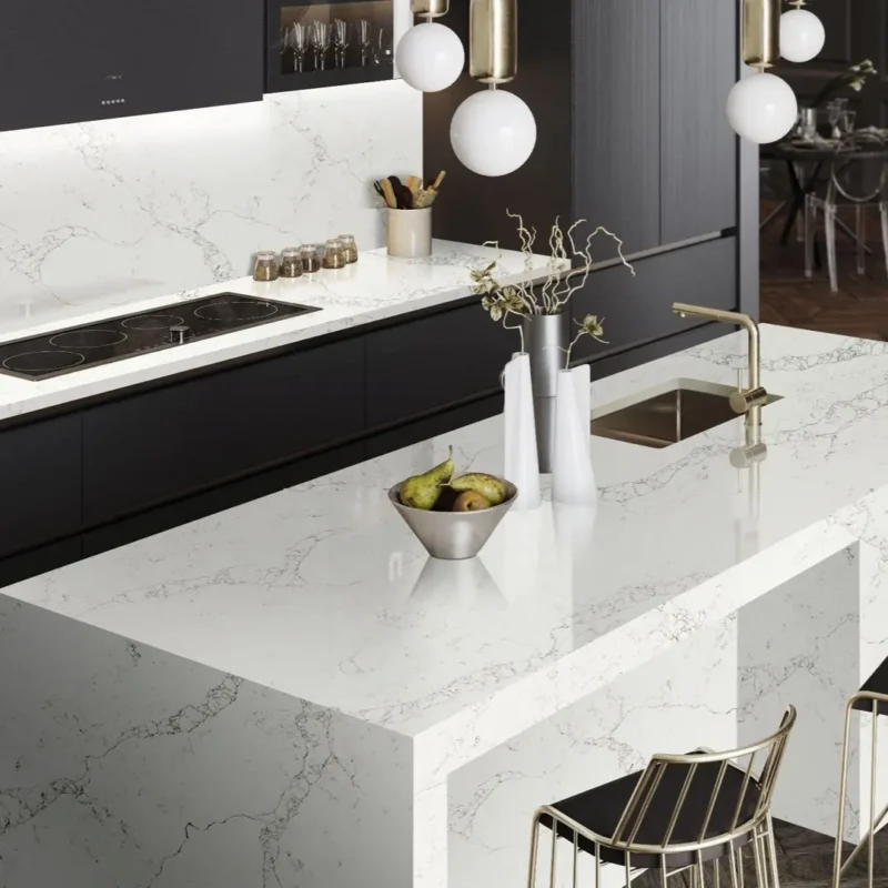 Statuario Lille blat bucatarie quartz alb vene gri fine ramificate