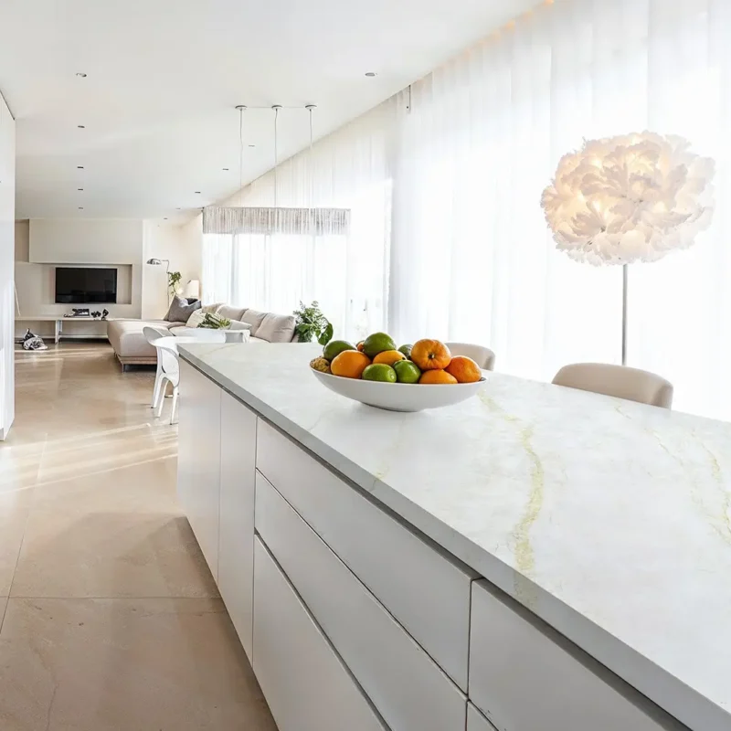 Taj Amelie blat bucatarie quartz crem vene paralele aurii si bej