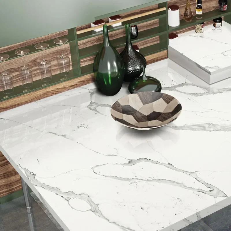 Calacatta Arras Quartz Avant blat bucatarie alb venatura gri
