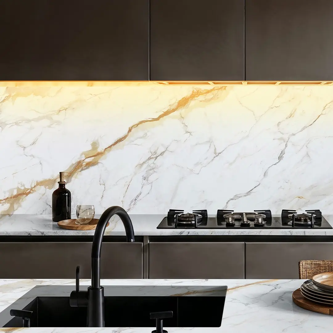 Calacatta Besson Quartz Avant blat bucatarie tablou natural vene gri